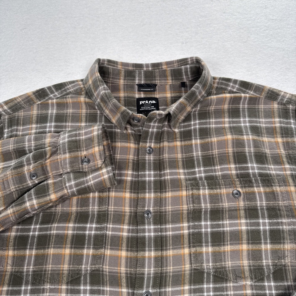 Prana Westbrook Flannel Shirt Mens Large Long Sleeve Button Up Green Brown Plaid